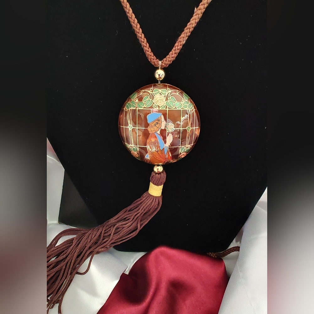 Large Brown Puffy Cloisonne Pendant Necklace with Lady & Silk Tassel On Cord
